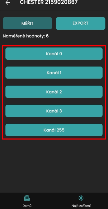 Seznam kanálů s naměřenými hodnotami